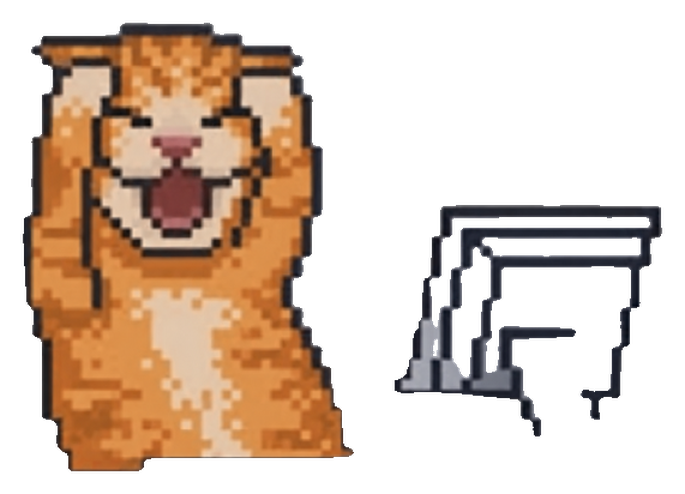 Pixel-art orange cat with paws on its head, mouth wide open, yelling beside a computer monitor